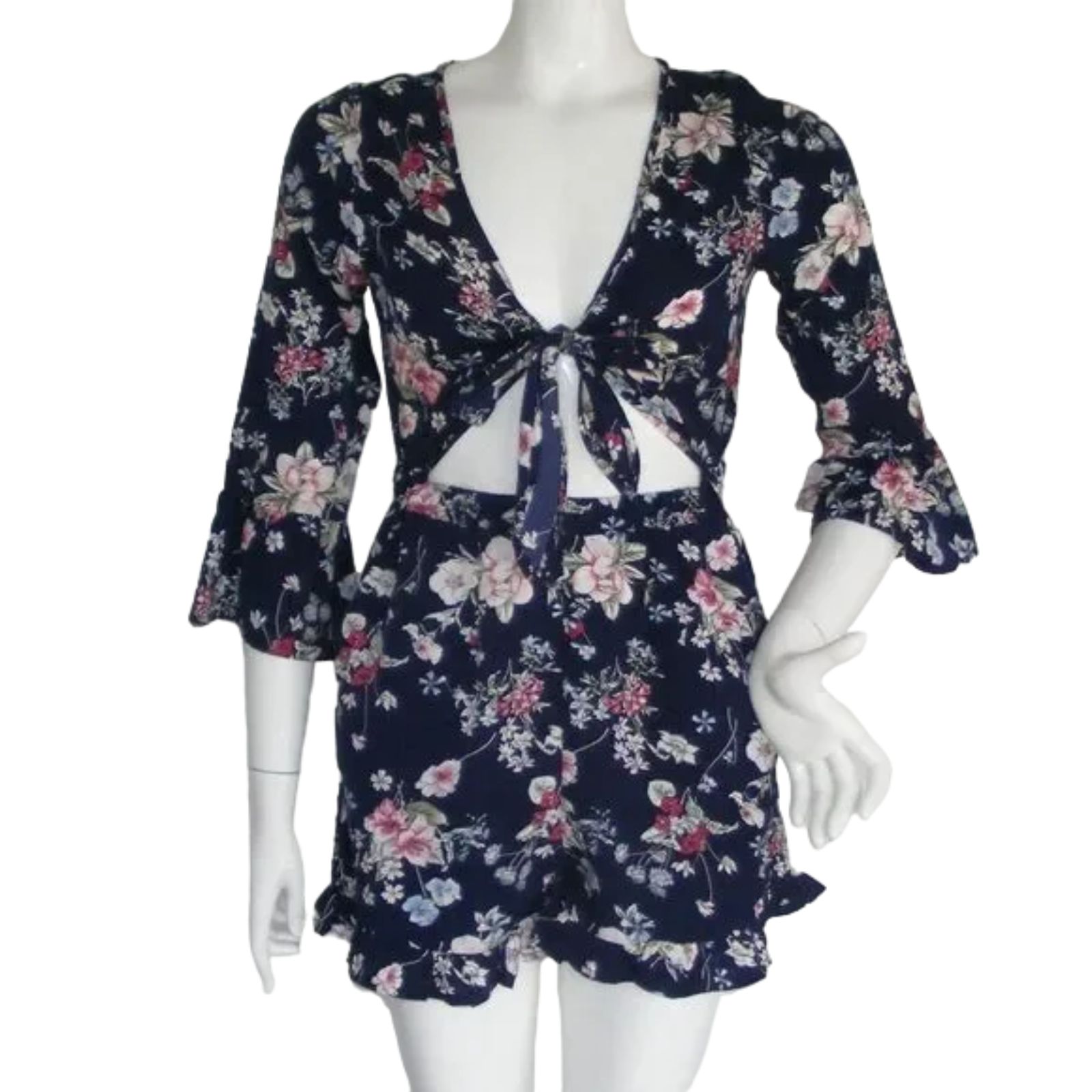 Nasty Gal Romper, 6, Blue Floral, Short, Tie Front, 3/4 Bell Sleeve